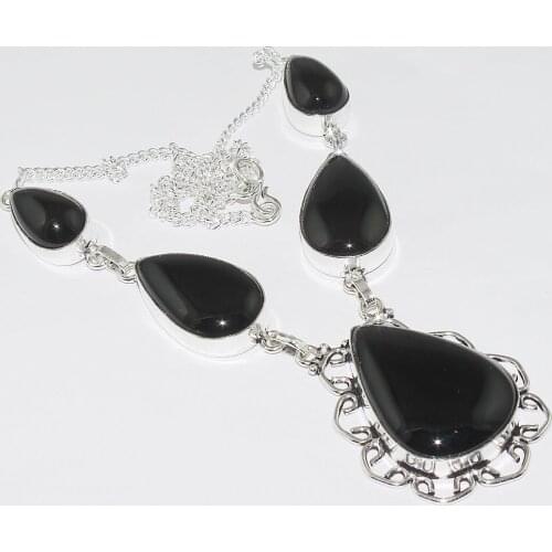 Black Onyx Necklace Silver Overlay over Copper , 47cm, N1184