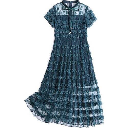 PERHAPS U Women Cascading Ruffle Lace Mesh Stand Collar Bow Ruffle Short Sleeve A Line Elegant Cake Long Dress Summer D1773