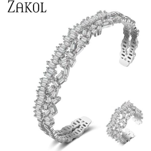 ZAKOL Unique Multi-layered Baguette Cubic Zircon Cuff Bangle Ring Sets for Women Men Fashion Hand Bracelets Jewelry Gift FSSP341