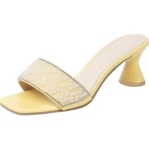 2021 New Summer Slides Women Mules Sandals High Heels Slippers Square Heel Beach Flip Flop Zapatillas Mujer Casa