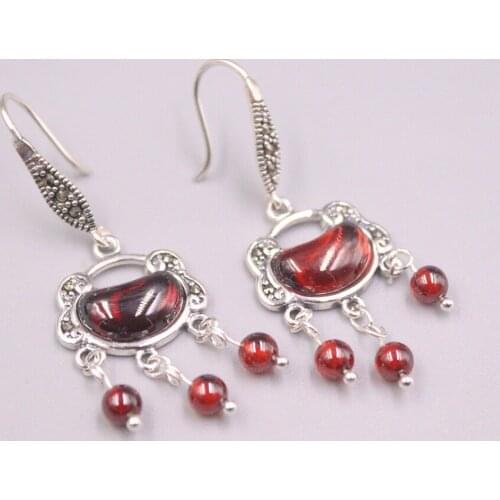 New Arrival S925 Sterling Silver Earrings Lucky Red Garnet Lock Dangle Earrings 42x16mm For Woman