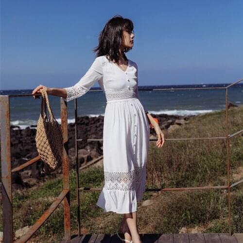 Summer Spring V-neck Temperament Openwork V-neck Lace Dress Seaside Holiday Beach Dress Boho Style Long Women Vintage Dress