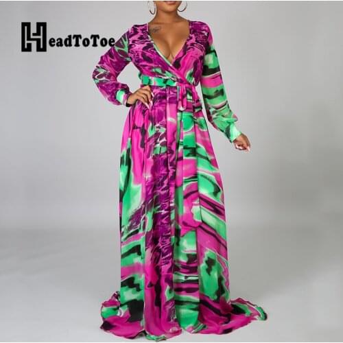 Colorblock Long Sleeve Sexy V Neck Belted Maxi Dress Women