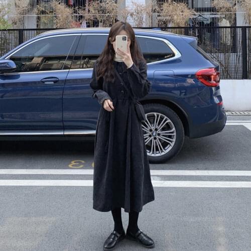 Women Korean Lovely Peter-Pan-Collar All-match Spring Autumn Preppy Girls Long Dresses A-Line High Waist Corduroy Dress