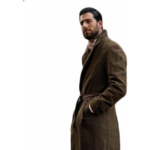 High Streetwear Winter Woolen Overcoat Mens Solid Thick Belt Loose Warm Long-Length Trench Coat Male Custom Jacket