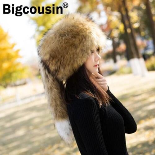 2021 New Faux Raccoon Fur Hat Long Tails Design Cute Hats 100% High Quality Russian Beanies Winter Luxury Mongolian Ski Caps
