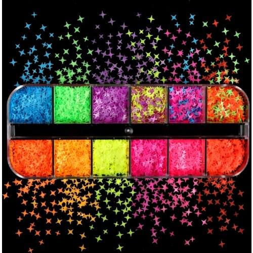 Fluorescent Four-Pointed Star Nail Art Sequins Mixed Size Neon Glitter Flakes For DIY Manicure Gel Polish Nail Art Decorations