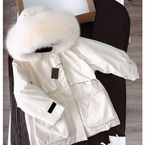Trendy Winter Women Big Natural Fox Fur Collar Jacket Hooded 90% White Duck Down Parkas Thickness Warm Sash Tie Up Snow Coat