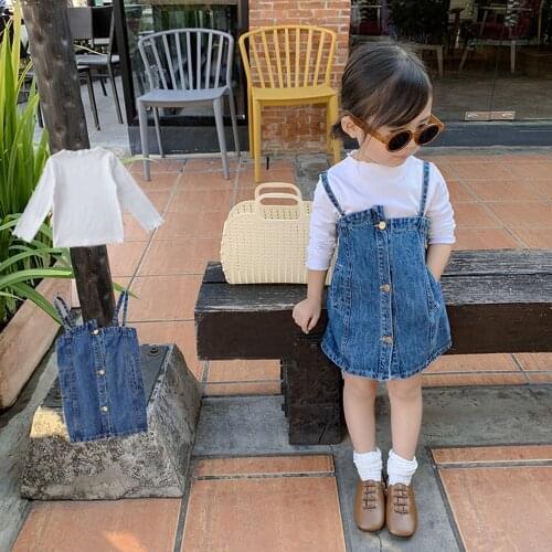 Fashion Kids Dress Clothes 2Pcs Set Toddler Baby Girls White Base Shirt Tops+Denim Suspender Skirt Spring Children Clothing