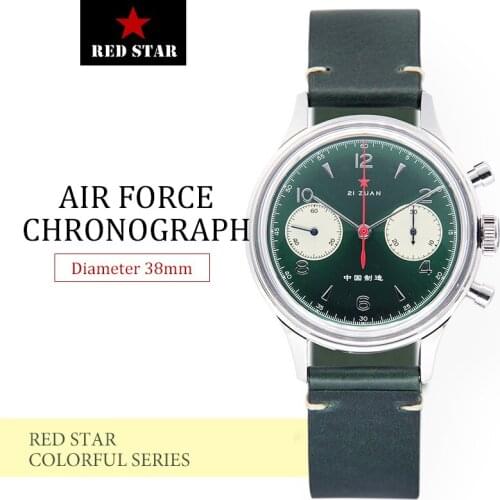 Red Star 1963 Colorful Mens Chronograph Watch Acrylic/Sapphire Glass Clock Gooseneck Sports Men Pilot Mechanical Retro Watches