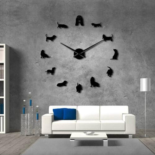 Basset Hound Acrylic Mirror Silhouette Sticker DIY Giant Wall Clock Pet Shop Dog Breed Big Frameless Wall Watch Dog Lovers Gift