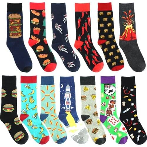 1 Pairs Sock Men New Design Food Hamburger Chips Unisex Lady Spaceman Rocket Volcano Medical Equipment Pattern Crew Fun Sock Man