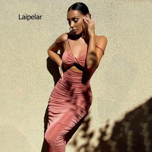 Womens 2021 New Solid Color Lace Up Chest Strap Open Back Hollowed Out Party Slim Long Pleating Dress