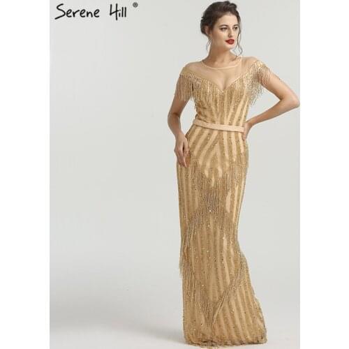 New Gold Luxury Sleeveless Mermaid Evening Dresses 2020 Beading Tassel Fashion Elegant Sparkle Evening Gowns LA6543