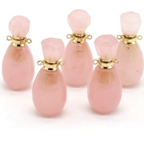 Natural Perfume Bottle Rose Quartz Stone Pendant Necklace Pink Crystal Essential Oil Diffuser Charms for Jewelry Making