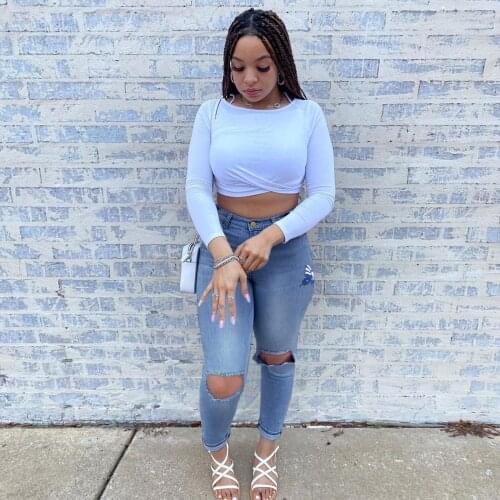 Casual Skinny Pants Button High Waist Pencil Jean Femme Fashion Hole Slim Stretch Denim Pants Vintage Clothes Denim Trousers