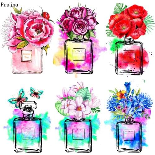 Prajna Perfume Bottle Rose Flower Patches Thermo Stickers On Clothes Applique DIY Iron On Transfers For Clothing T-shirt Dress