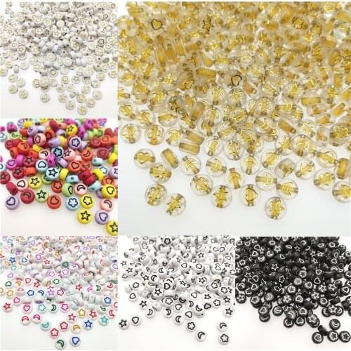 Mix Flower Star Moon Heart Acrylic Loose Spacer Beads White Gold Black Colorful Round Flat Beads for Jewelry Making DIY Supplies