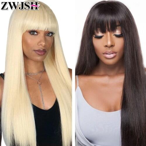 150 Density Straight Human Hair Wigs with Bangs Full Machine Glueless Wigs 613 Blonde Wig None Lace Wigs Peruvian Remy Hair