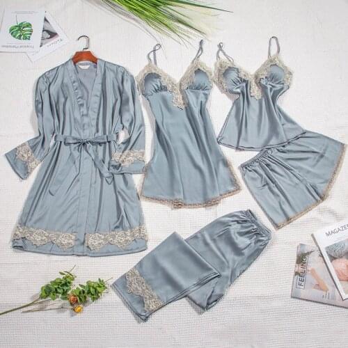 Sexy Female Lace 5PCS Kimono Bath Robe Gown Set With Belt Faux Silk Autumn New Sleepwear Nightdress Backless Strap Top&Pants