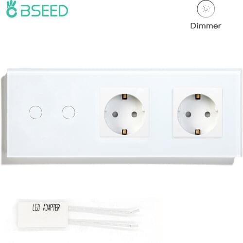 BSEED Touch Dimmer Switches 1/2 Gang 1Way With EU Double Wall Sockets Outlets Crystal Glass Panel LED Dimmable Light Switches