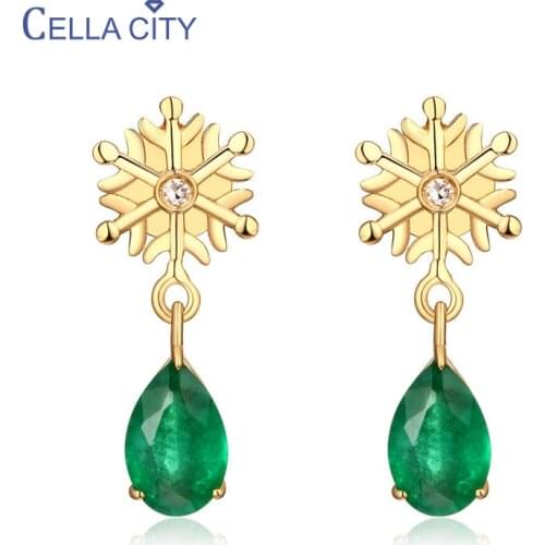 Cellacity Female Long Ear Studs Silver 925 Jewelry Water Drop Shaped Emerald Gemstones Earrings for Women Snowflake Flower Party