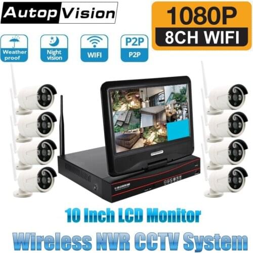CCTV 8CH 1080P H.265 WIFI NVR KIT with 10 Inch Monitor 8 Channel Wireless CCTV Security Surveillance System Wifi IP Camera Kits