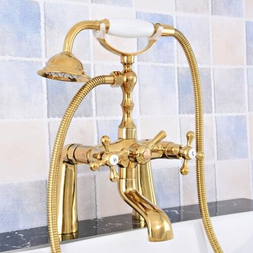 Bathtub Faucets Luxury Gold Brass Bathtub Shower Faucet Deck Mount Bath Shower Mixer Tap Swivel Tub Spout with Hand Shower