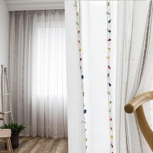 Fresh white tulle curtains Nordic bedroom French wave window yarn balcony gauze shade embroidery striped window screen curtains