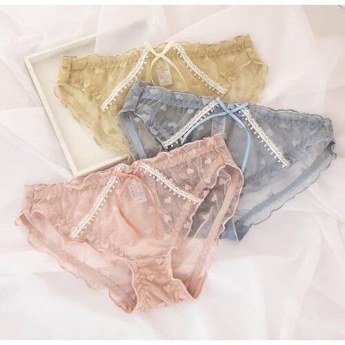 Net Bandage Women Panties Heart Underwear Sexy Lace Bow Panties Briefs Transparent Lingerie Female Thongs NK91
