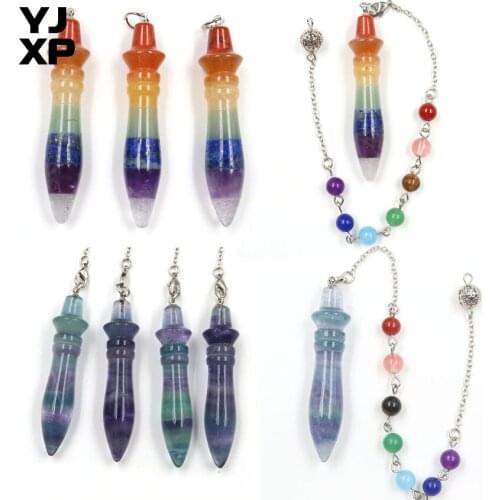 YJXP 7 Chakra Natural Fluorite Crystal Stone Reiki Pendulum Dowsing Healing Amulet Pharaoh Scepter Energy Pendant Jewelry 1 Pcs