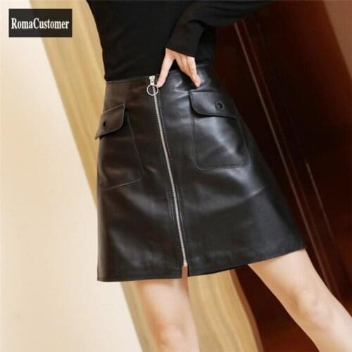A-Line Skirt Womens 2021 Autumn New Sheepskin Big Pocket Solid Genuine Leather Elegant Casual Fashion Female High Waist Skirt