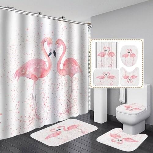 Valentines Day Shower Curtain Pink Crane Bathroom Curtains Non-slip Rugs Toilet Cover Carpet Bath Mats Set Home Decoration