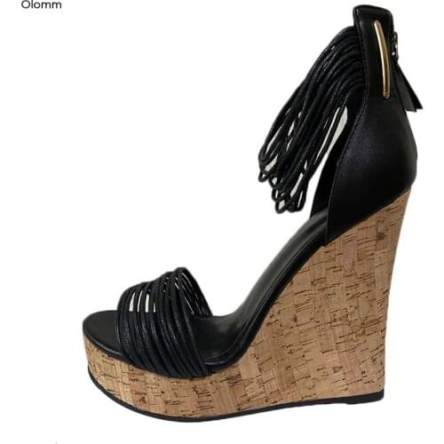 Olomm 2020 Handmade Women Platform Sandals Wedges High Heel Sandals Open Toe Black Party Shoes Women Shoes US Plus Size 4-10.5