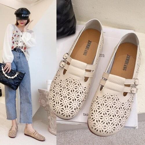 New PU Leather Summer Shoes Woman Flats Retro Hollow Breathable Casual Flat Shoes Comfortable Soft Bottom Women Shoes