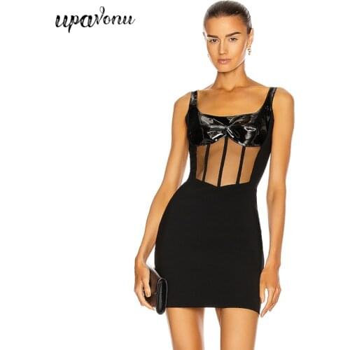 Free Shipping 2021 Summer Women Black Leather & Bandage Dress Sexy Square Neck Sleeveless Hollow Bodycon Dress Club Party Dress