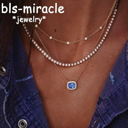 YC-UPGO Vintage Multilayer Geometric Blue Stone Pendant Necklace Women Gold Beads Crystal Chain Choker Necklaces Jewelry New