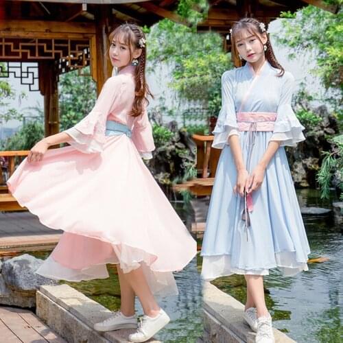 Style Hanfu womens ancient style cross collar big swing skirt national style Han elements retro trumpet sleeve dress