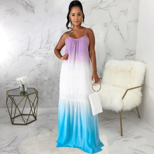 Gradient Color Summer Floor Length Dress for Women Spaghetti Strap Sleeveless Pleated Dresses Elegance Cross Backless Vestidos