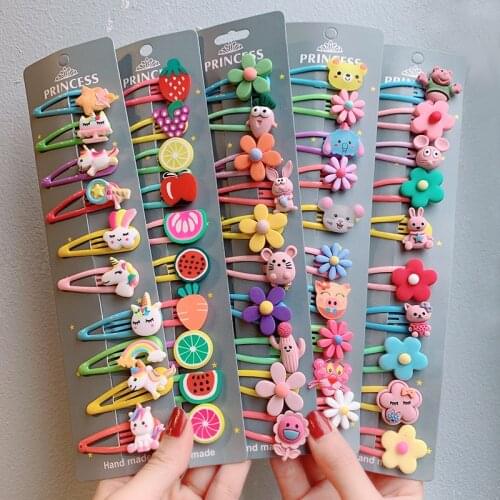 10Pcs Children Hair Clips Pins Cute Cartoon Flower Fruit Hairgrips Snap Metal Barrettes Hair Accessories for Baby Girls Ornament