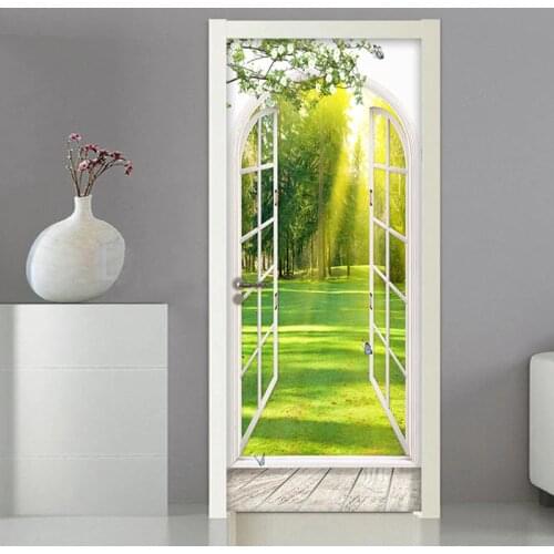 3D Window Sunlight Green Trees Landscape Door Sticker Wall Painting Wall Decals Living Room Bedroom Self-adhesive Door Wallpaper