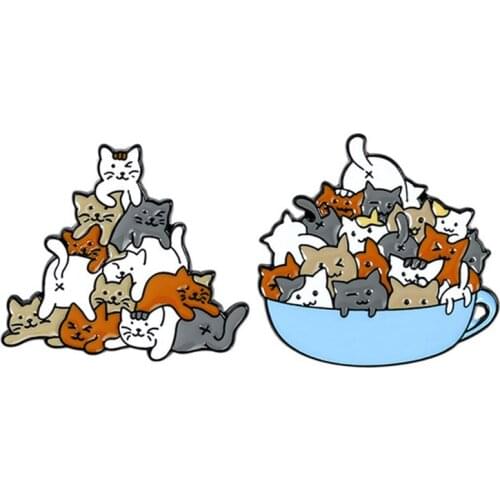 A Cup of Cats Enamel Pin Cat Coffee Cup Mug Brooches Bag Lapel Pin Cartoon Animal Kitten Badge Jewelry Gift for Kids Friends