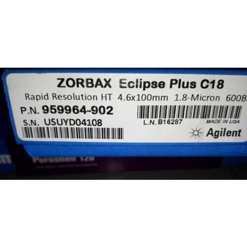 For ZORBAX Eclipse Plus C18 column, 4.6x100mm, 1.8um, 959964-902