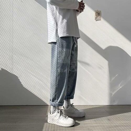 Jeans Mens Casual Loose Wide Leg Trousers Cotton All-match Washed Printed Pattern Straight Pants Male Spring Autumn Four Seasons