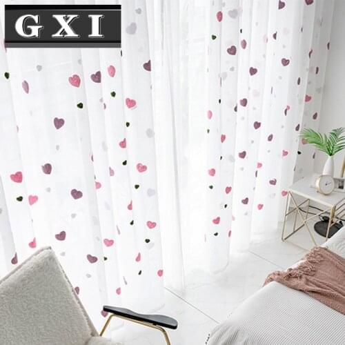 GXI Sweet Pink Heart Voile Curtain For Living Room Kids Girls Bedroom Cartoon Embroidered Cortinas Tulle Window Panel