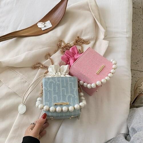 New arrival fashion mini drawstring bead handle chain lady bucket handbags and purse PU leather clutch pearl bags for women