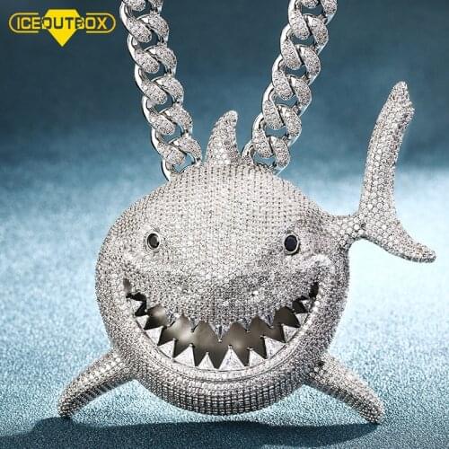 Over Size Iced Out Shark Pendant Necklace Full Of Crystal Bling CZ Stone For Mens Hip Hop Jewlery Cubic Zircon Animal Pendant