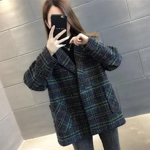 Autumn Winter Korean Overcoat Women Vintage Lattice Woolen Loose Fashion Coats Female Double Breasted Turndown Collar Overcoat