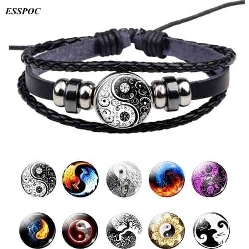 Yin Yang Tai Chi Rope Black and White Braided Woven Button Glass Dome Jewelry Bracelet Leather Bracelets for Women Men Gifts