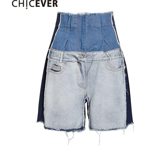 CHICEVER Hit Color Denim Shorts For Female High Waist Womens Casual Wide-legged Shorts Fashion Streetwear Tide New 2021